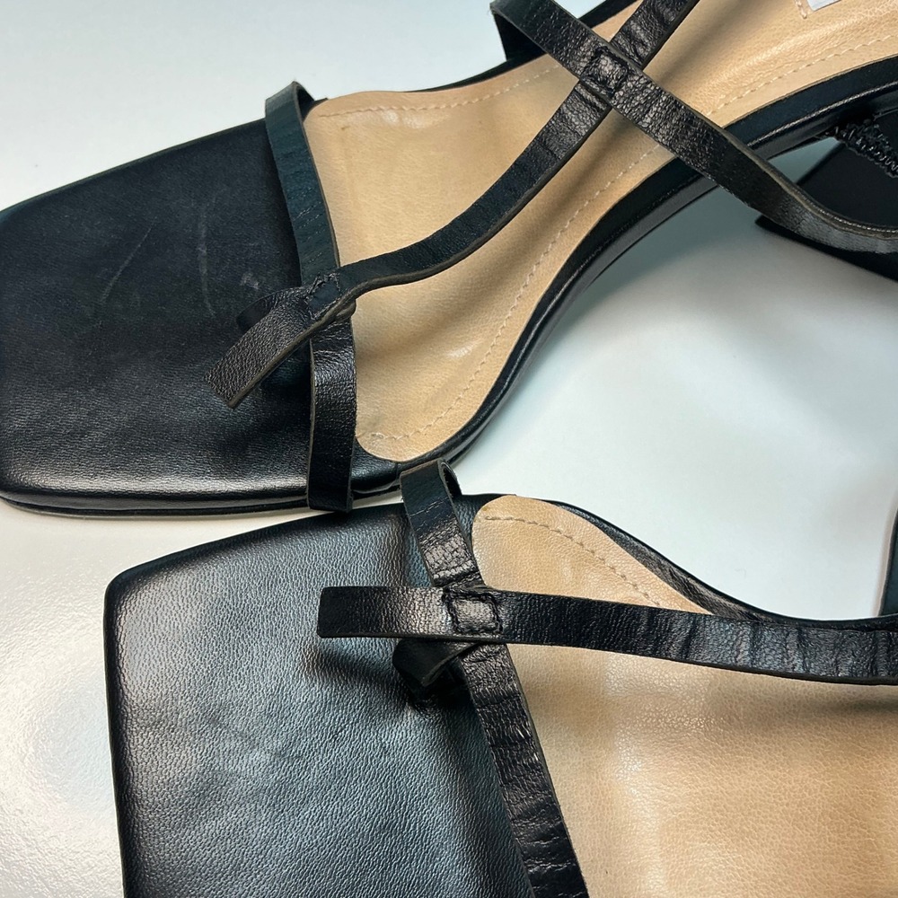 Saks Fifth Avenue Black Leather Strappy Square Toe Triangular Block Heel Sandals - Picture 6 of 12